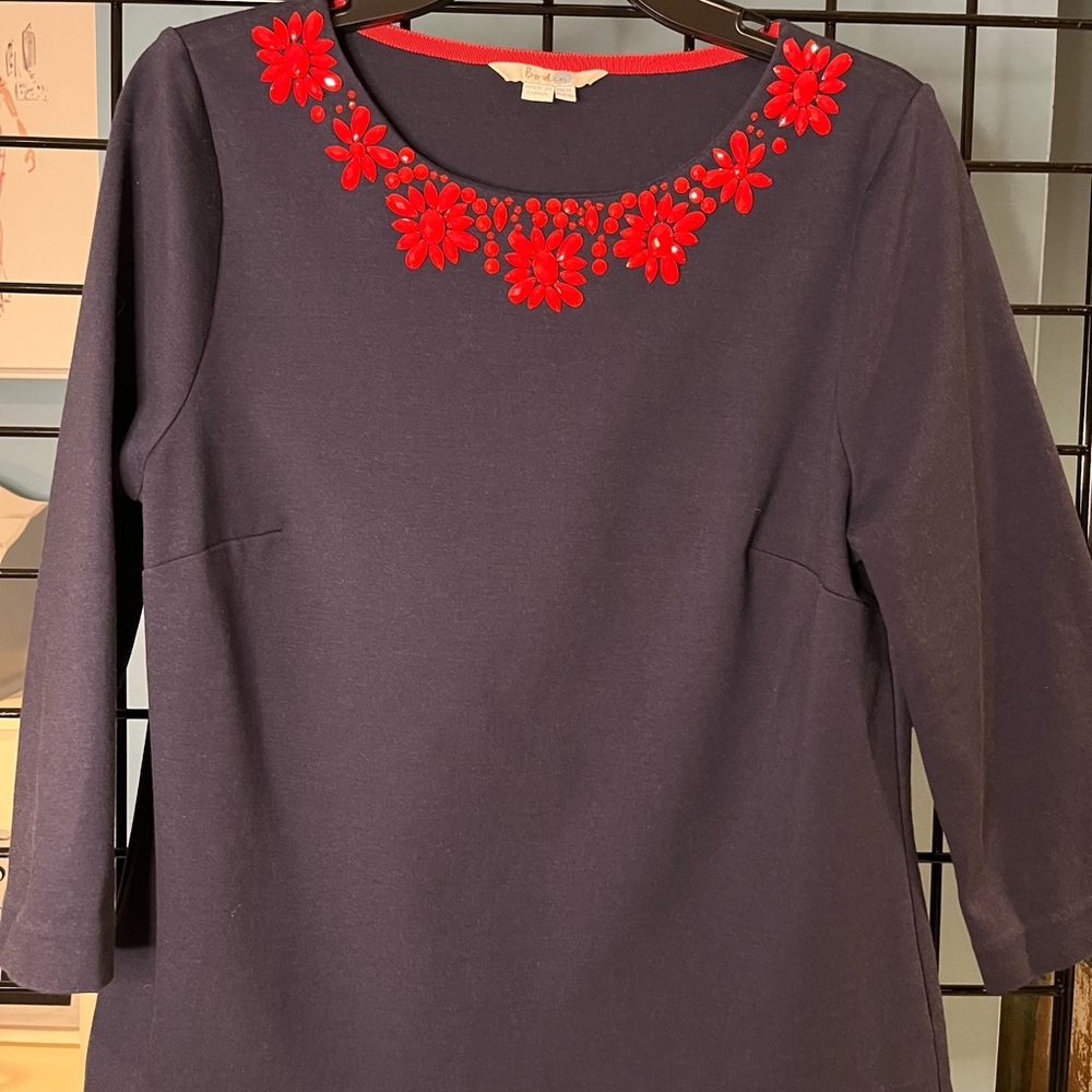 Boden 3/4 Sleeve Ponte Knit Top with Red Jeweled Neckline